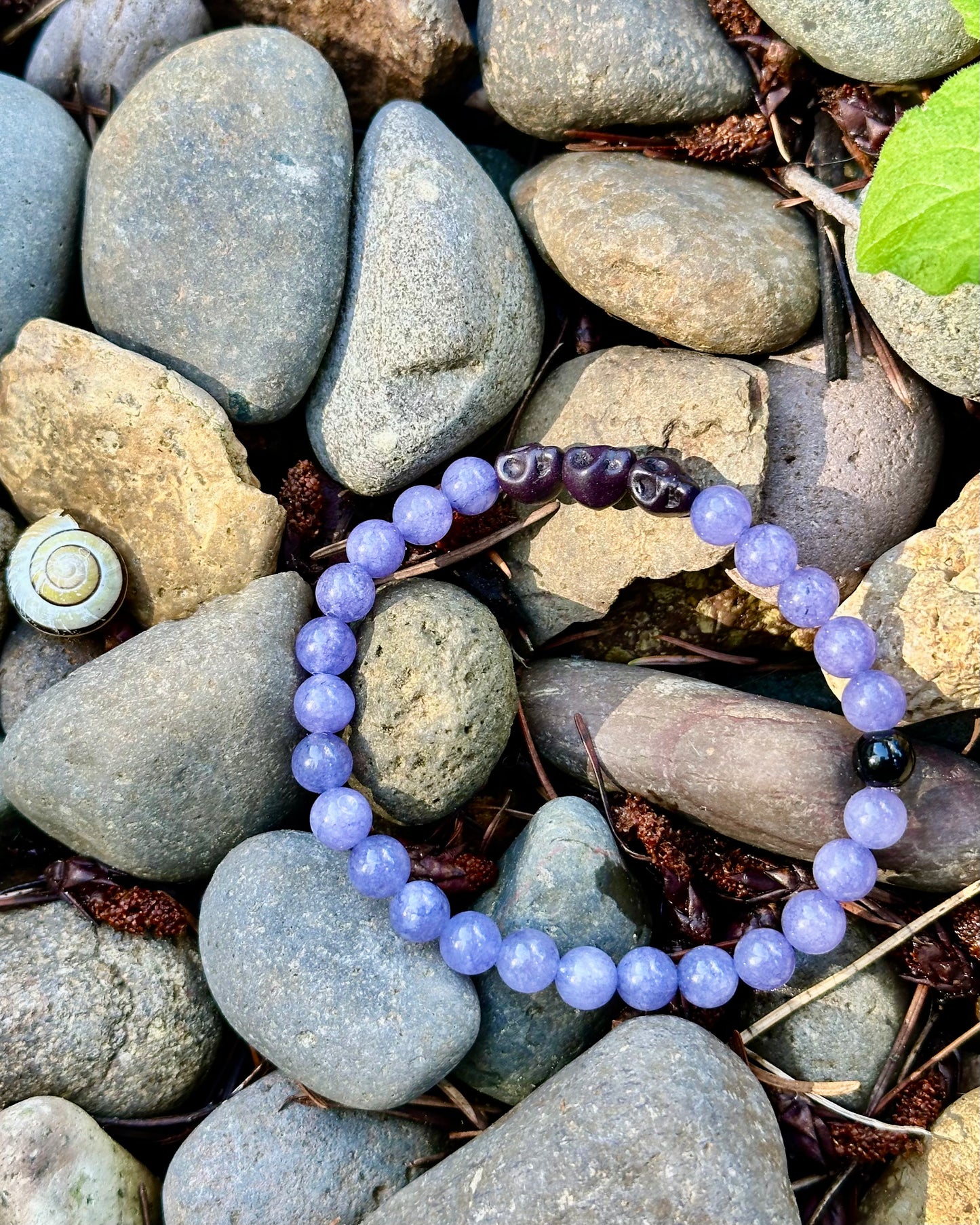 Tanzanite Quartz Gemstone with Black Skull Beads, 6mm bead gemstone bracelet