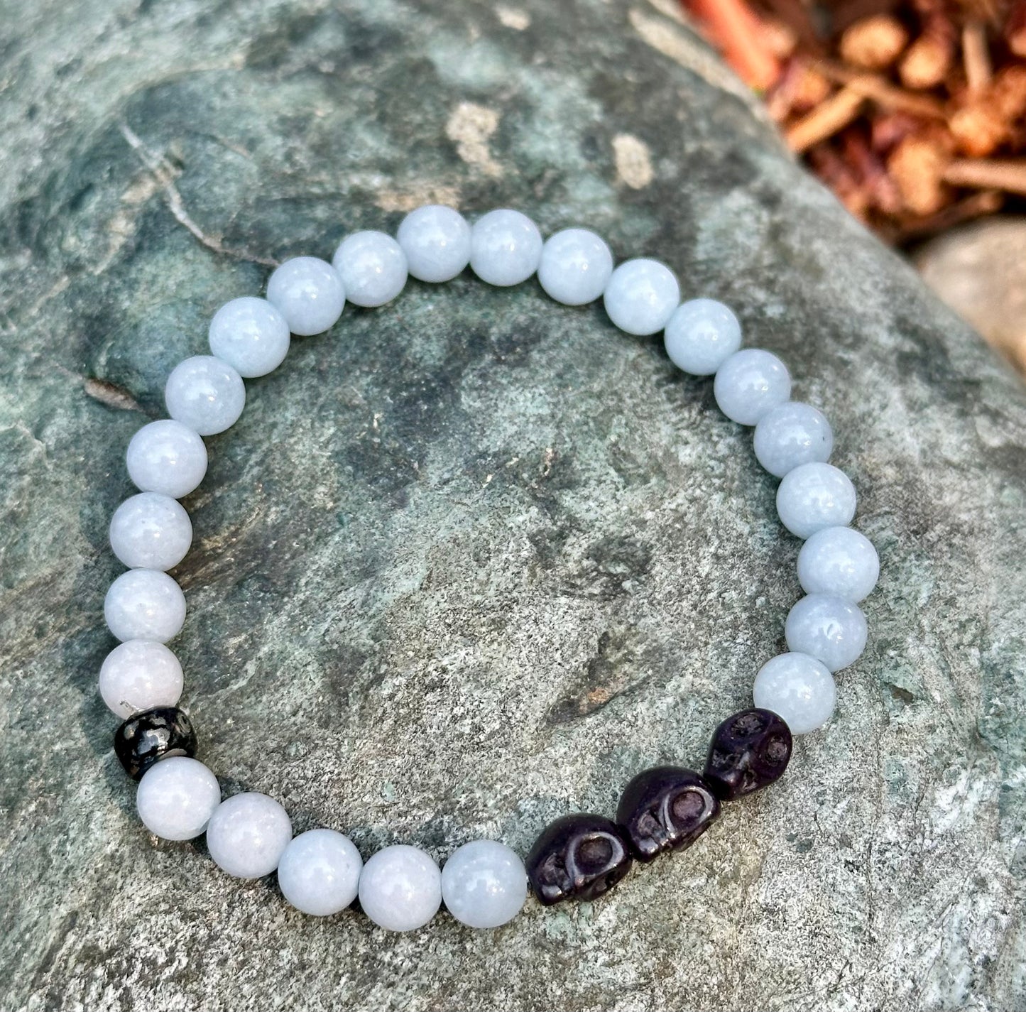 Aquamarine with Black Skull Beads, 6mm bead gemstone bracelet