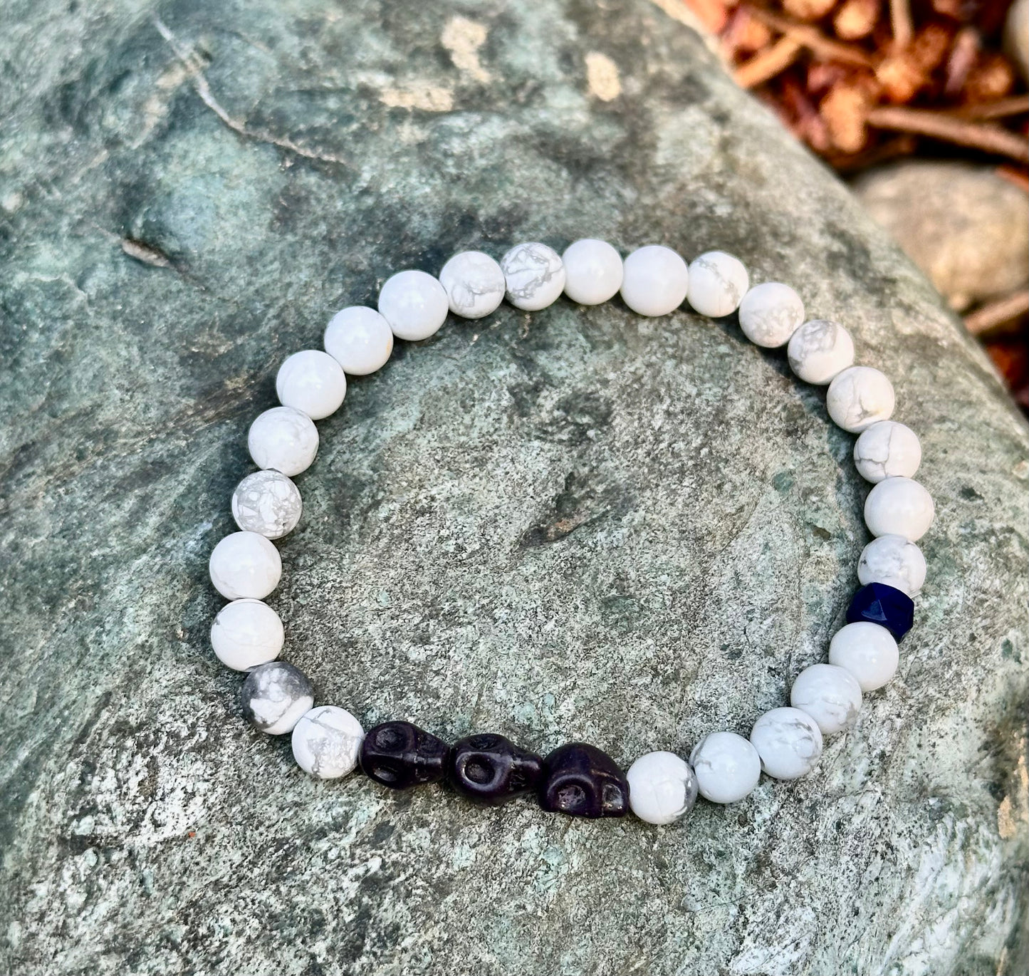White Howlite with Black skull Beads, 6mm bead gemstone bracelet