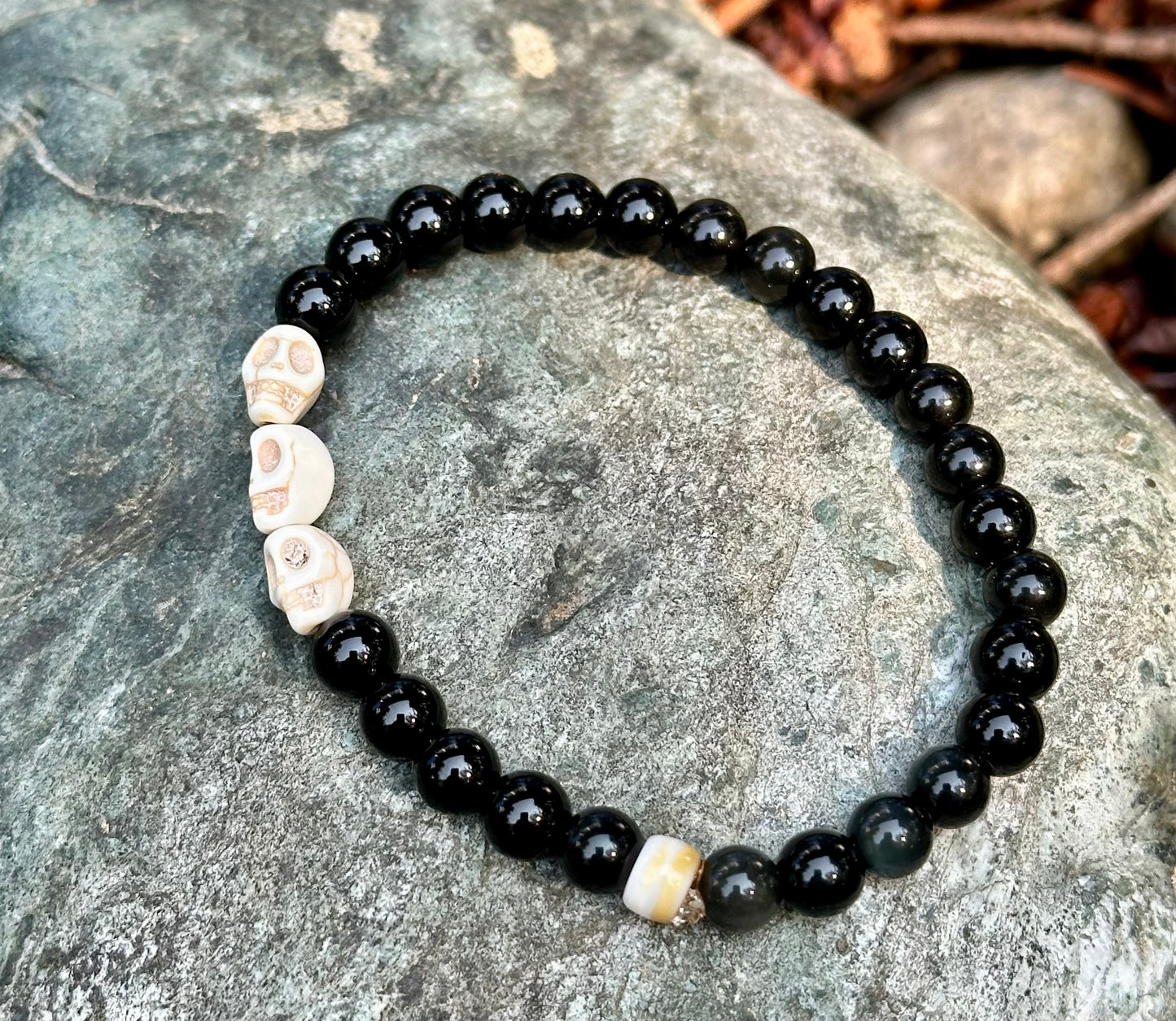Black Obsidian with White Skull Beads, 6mm bead gemstone bracelet