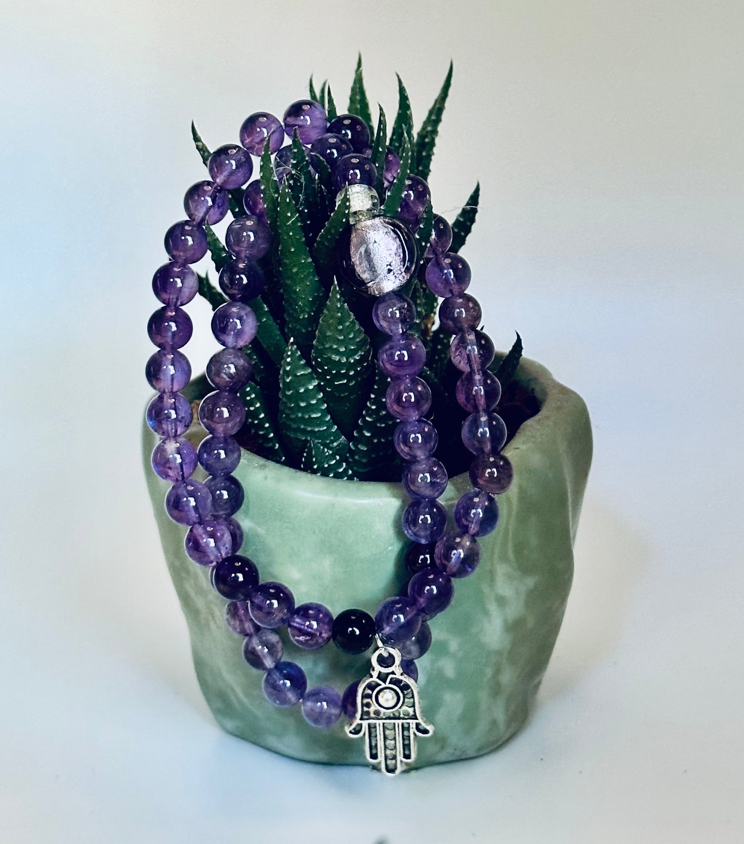 Amethyst, 6mm bead gemstone bracelet with or without a Hamsa Hand Charm