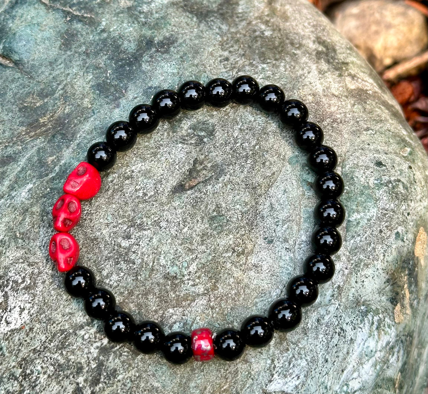 Black Obsidian with Red Skull Beads, 6mm bead gemstone bracelet