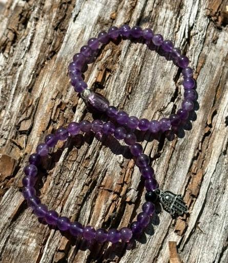 Amethyst, 6mm bead gemstone bracelet with or without a Hamsa Hand Charm