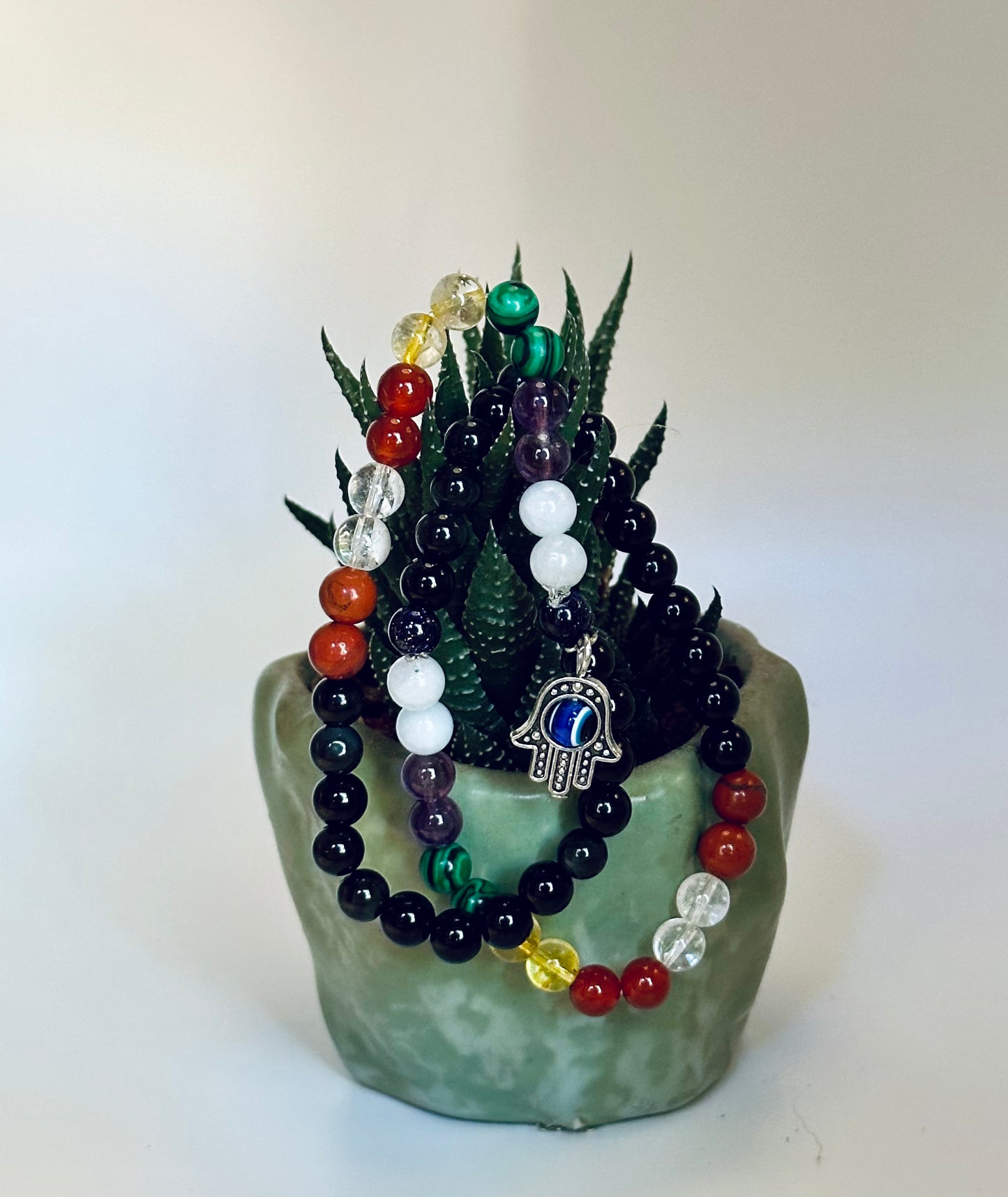 All Chakra Beads, 6mm bead gemstone bracelet with or without a Hamsa Hand Charm