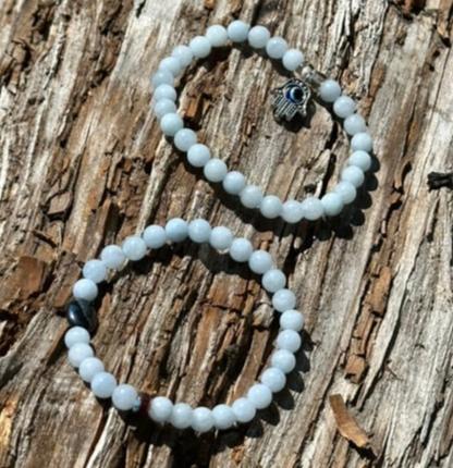 Aquamarine, 6mm bead gemstone bracelet with or without a Hamsa Hand Charm
