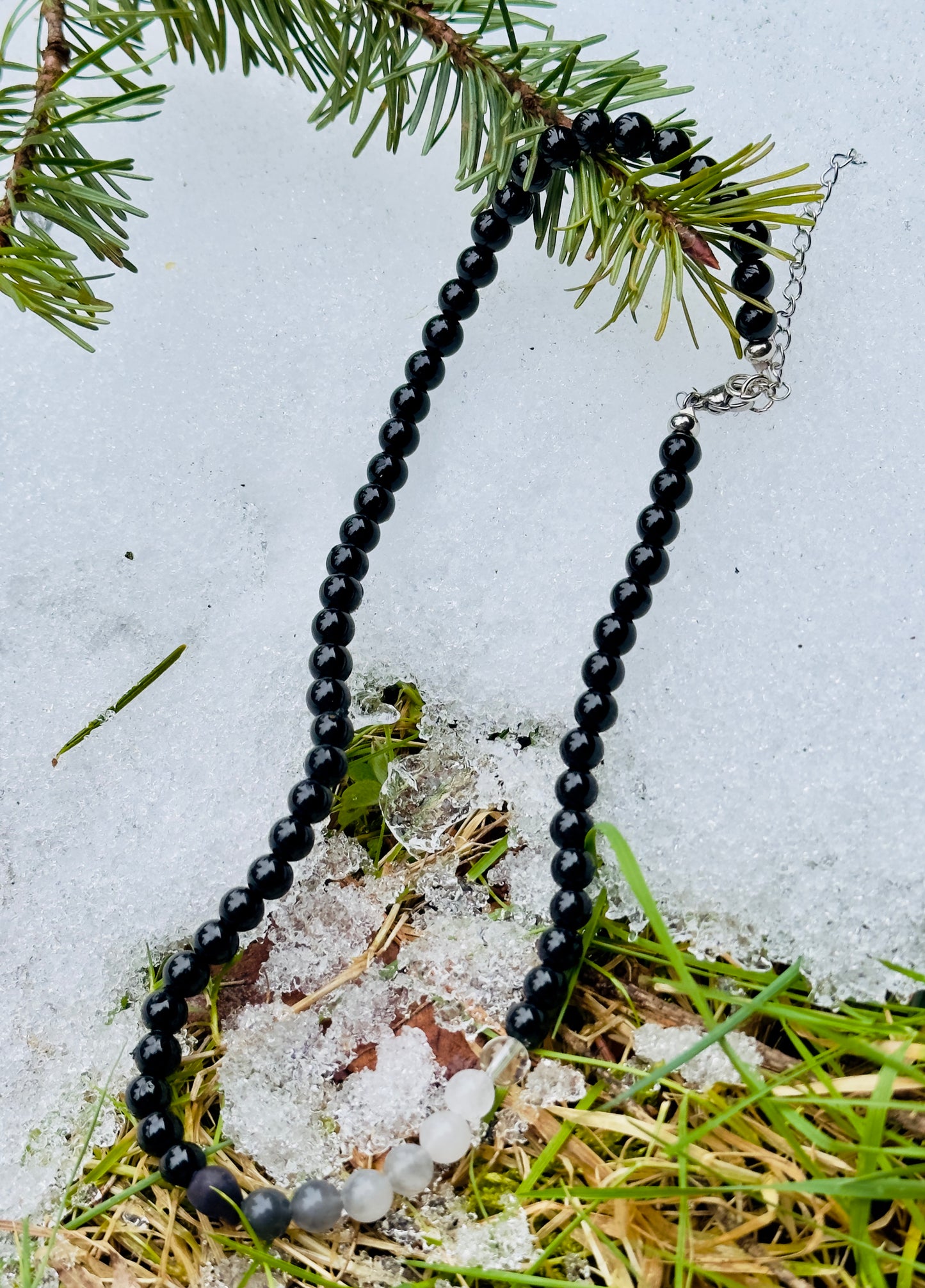 Choker: Off Centered Series: Obsidian accented with Cloudy Quartz, Moonstone & Clear Quartz