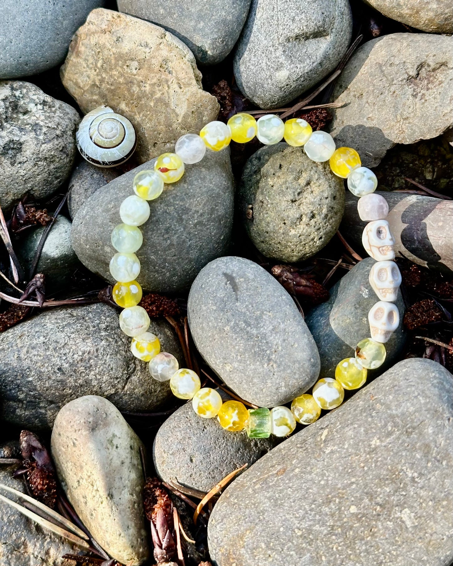 Yellow Fire Agate Gemstone with White Skull Beads, 6mm bead gemstone bracelet