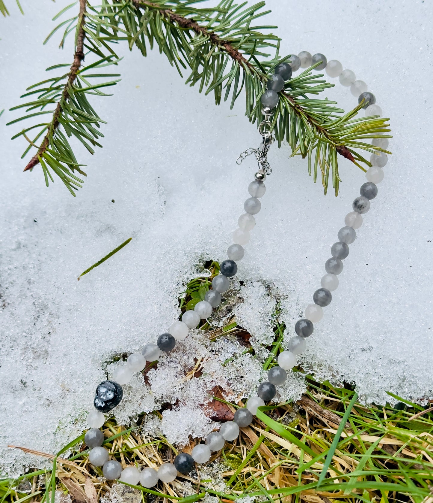 Choker: Off Centered Series: Cloudy Quartz with Skull Beads