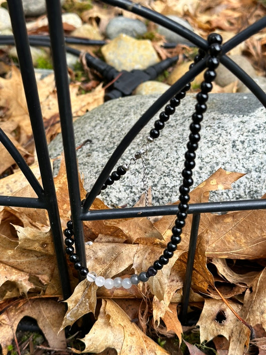Choker: Off Centered Series: Obsidian accented with Cloudy Quartz, Moonstone & Clear Quartz