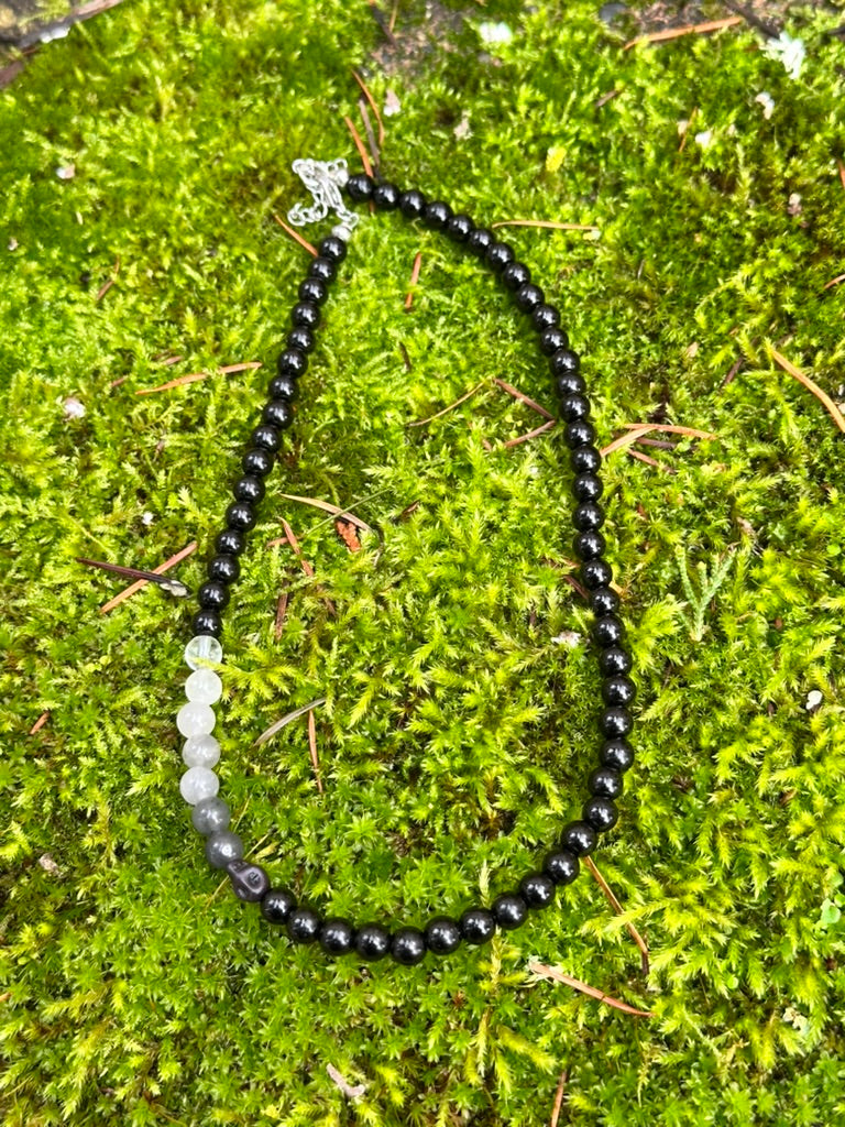 Choker: Off Centered Series: Obsidian accented with Cloudy Quartz, Moonstone & Clear Quartz
