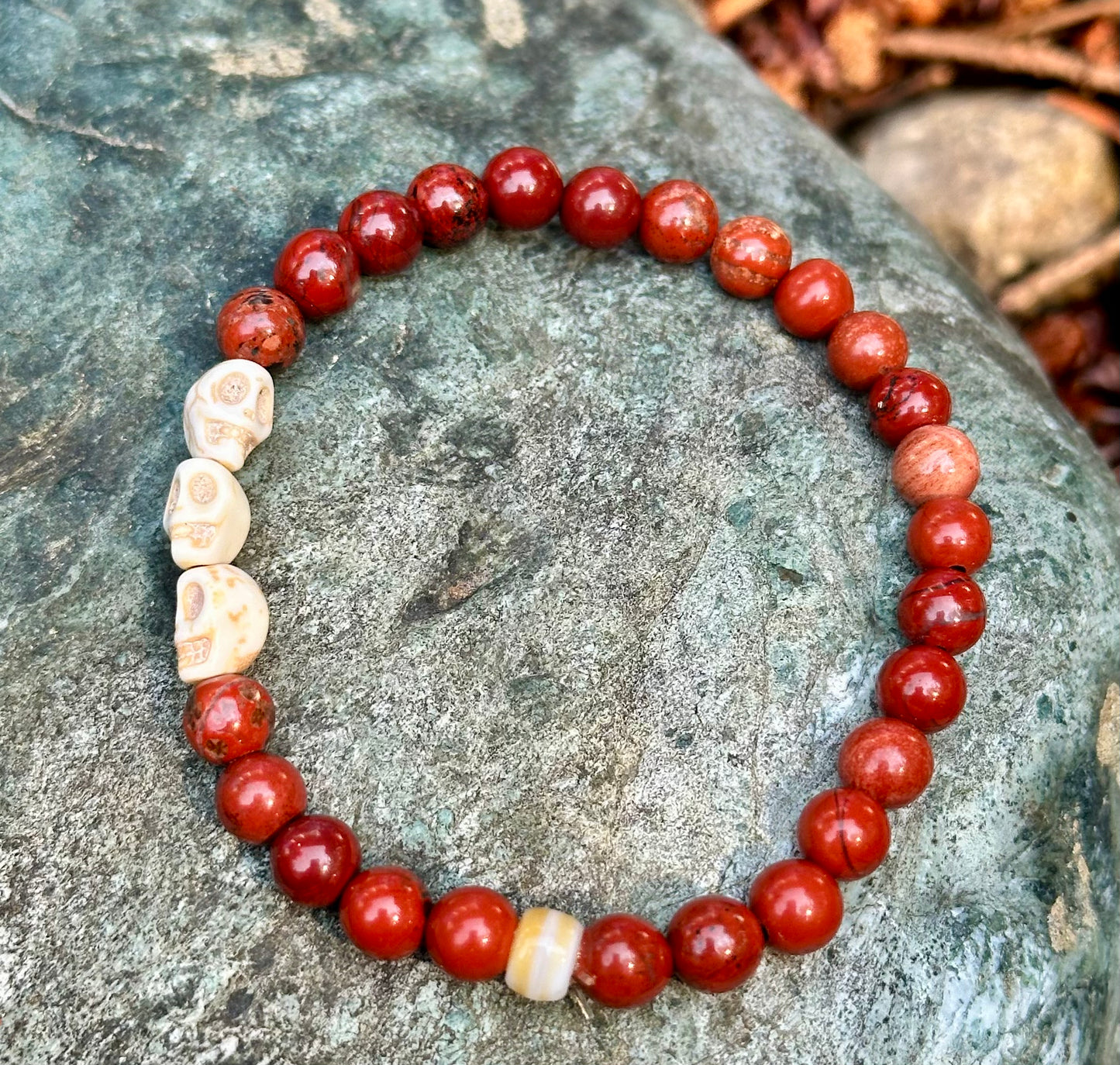 Red Jasper with White Skull Beads, 6mm bead gemstone bracelet