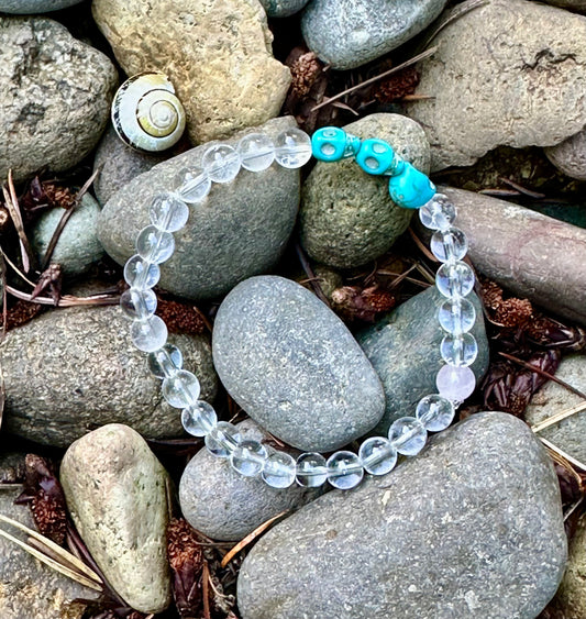 Clear Quartz with Blue Skull Beads, 6mm bead gemstone bracelet