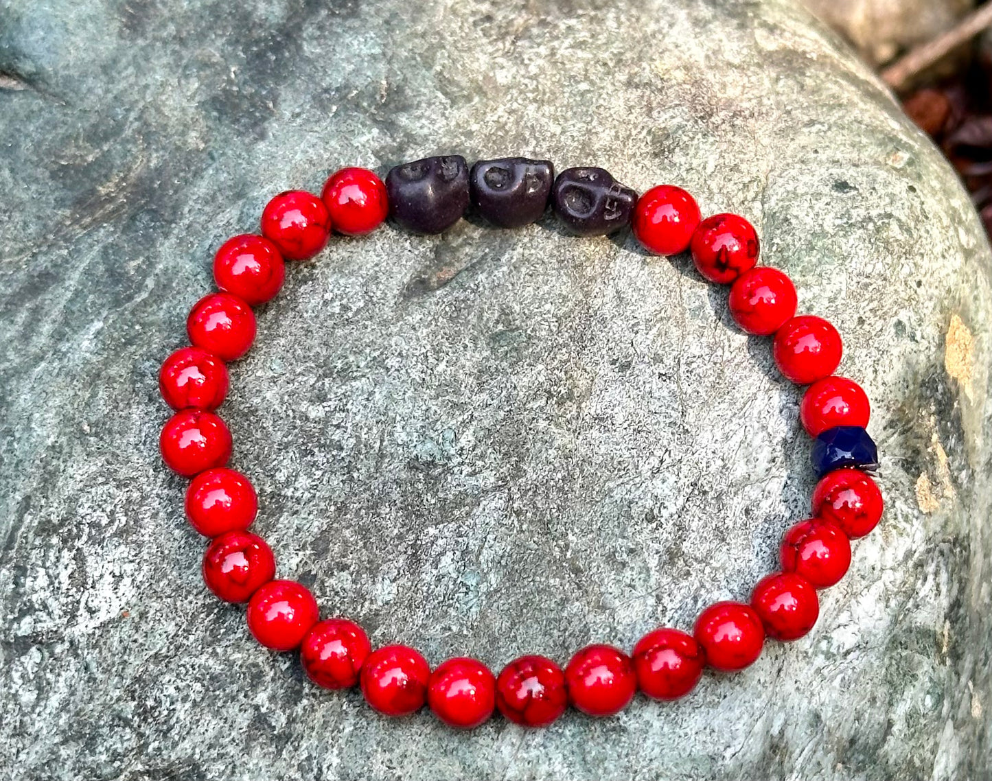 Red Turquoise with Black Skull Beads, 6mm bead gemstone bracelet