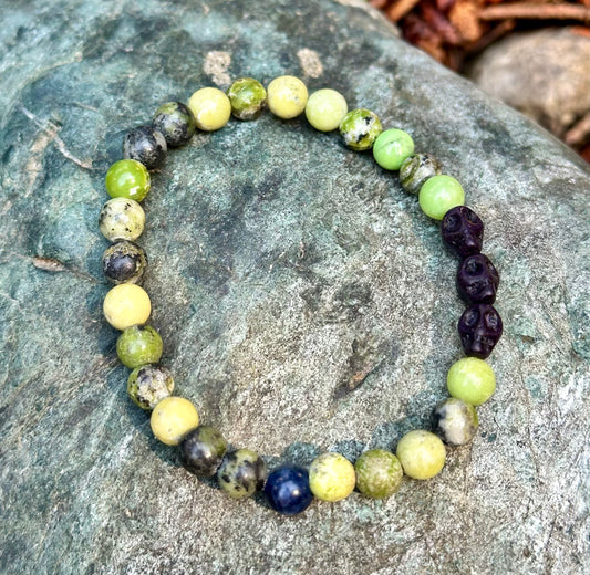 Chrysoprase with Black Skull Beads, 6mm bead gemstone bracelet