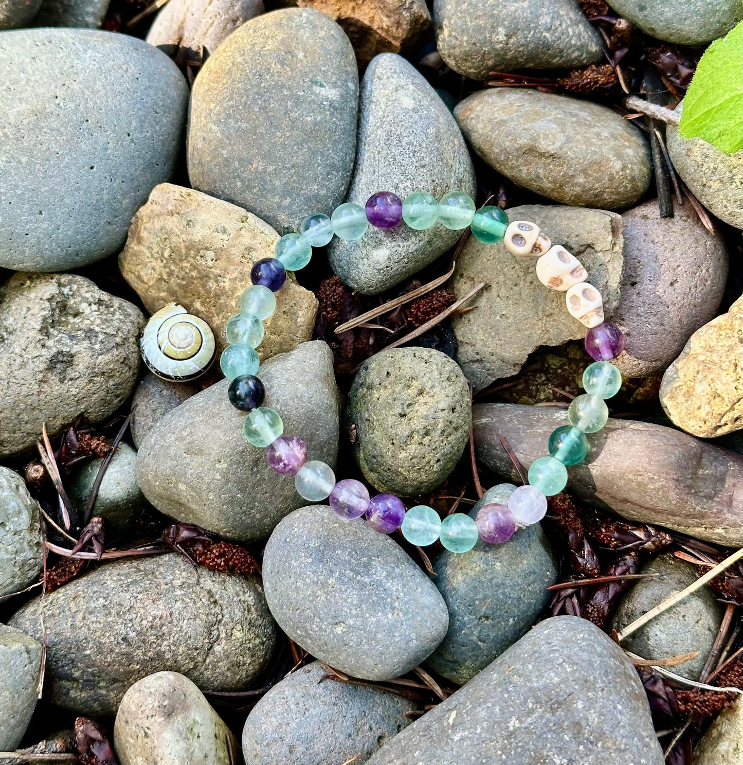 Rainbow Fluorite Gemstone with White Skull Beads, 6mm bead gemstone bracelet