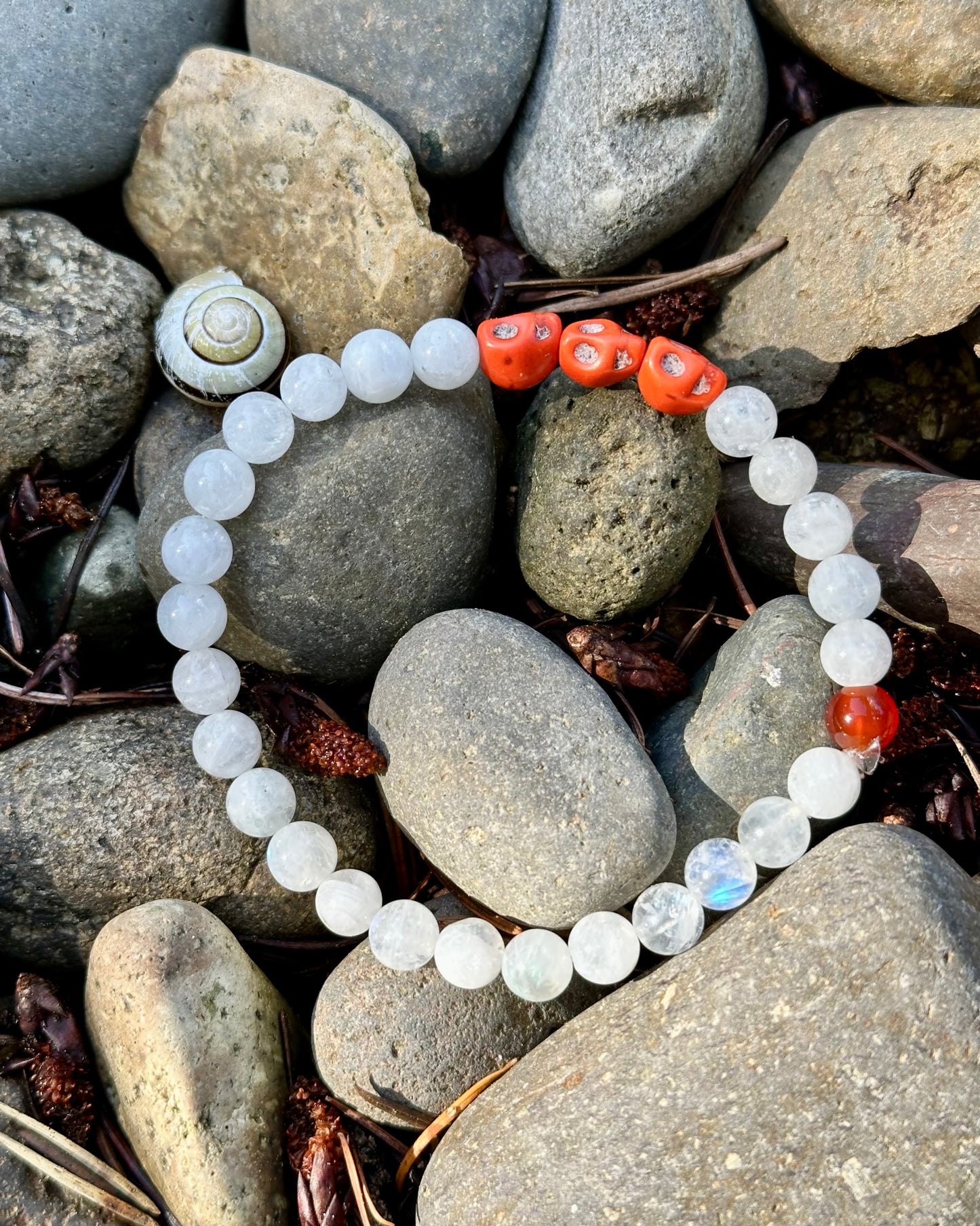 Moonstone Gemstone with Orange Skull Beads, 6mm bead gemstone bracelet