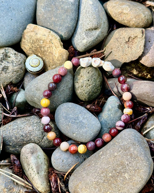 Mookaite Jasper Gemstone with White Skull Beads, 6mm bead gemstone bracelet