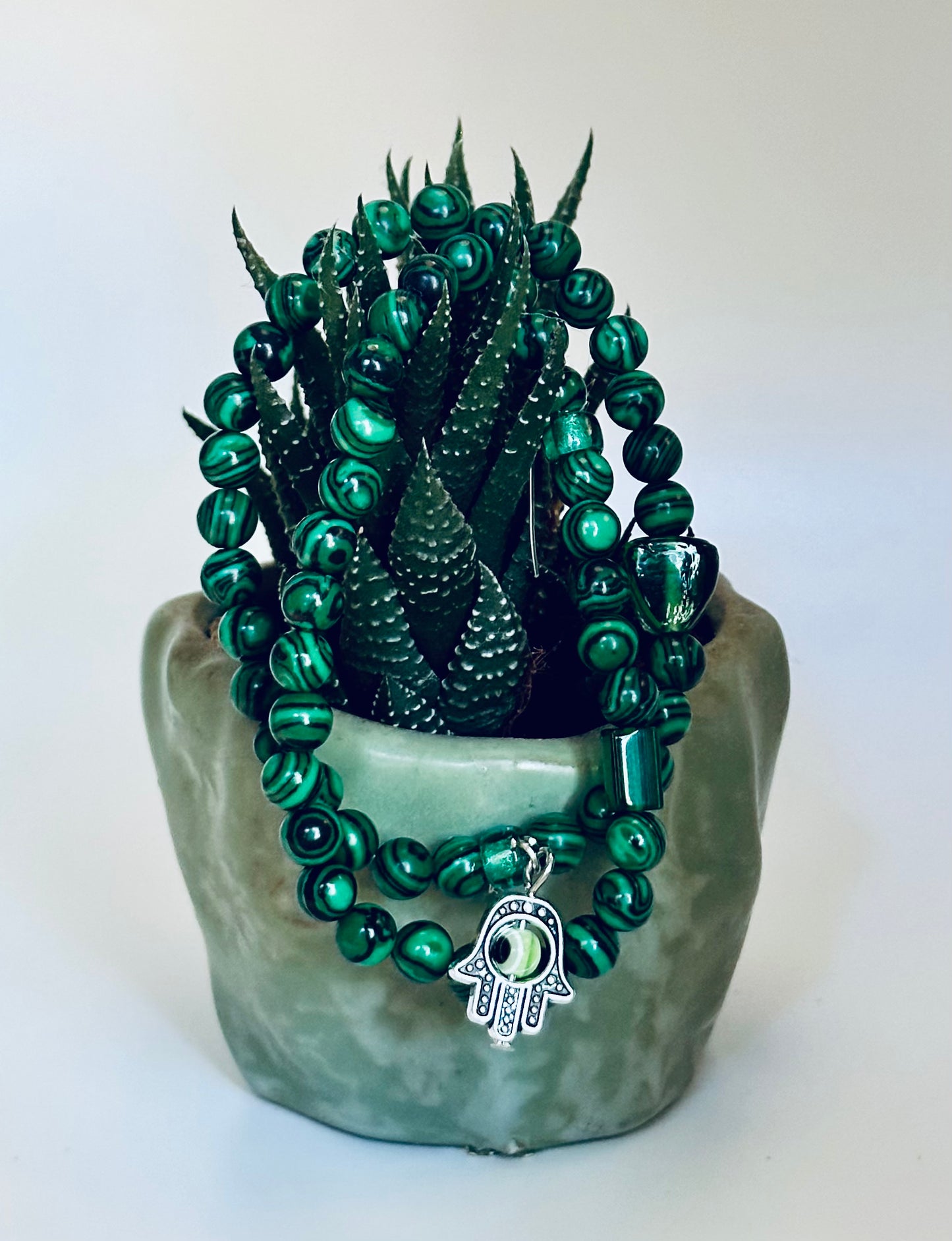 Malachite, 6mm bead gemstone bracelet with or without a Hamsa Hand Charm