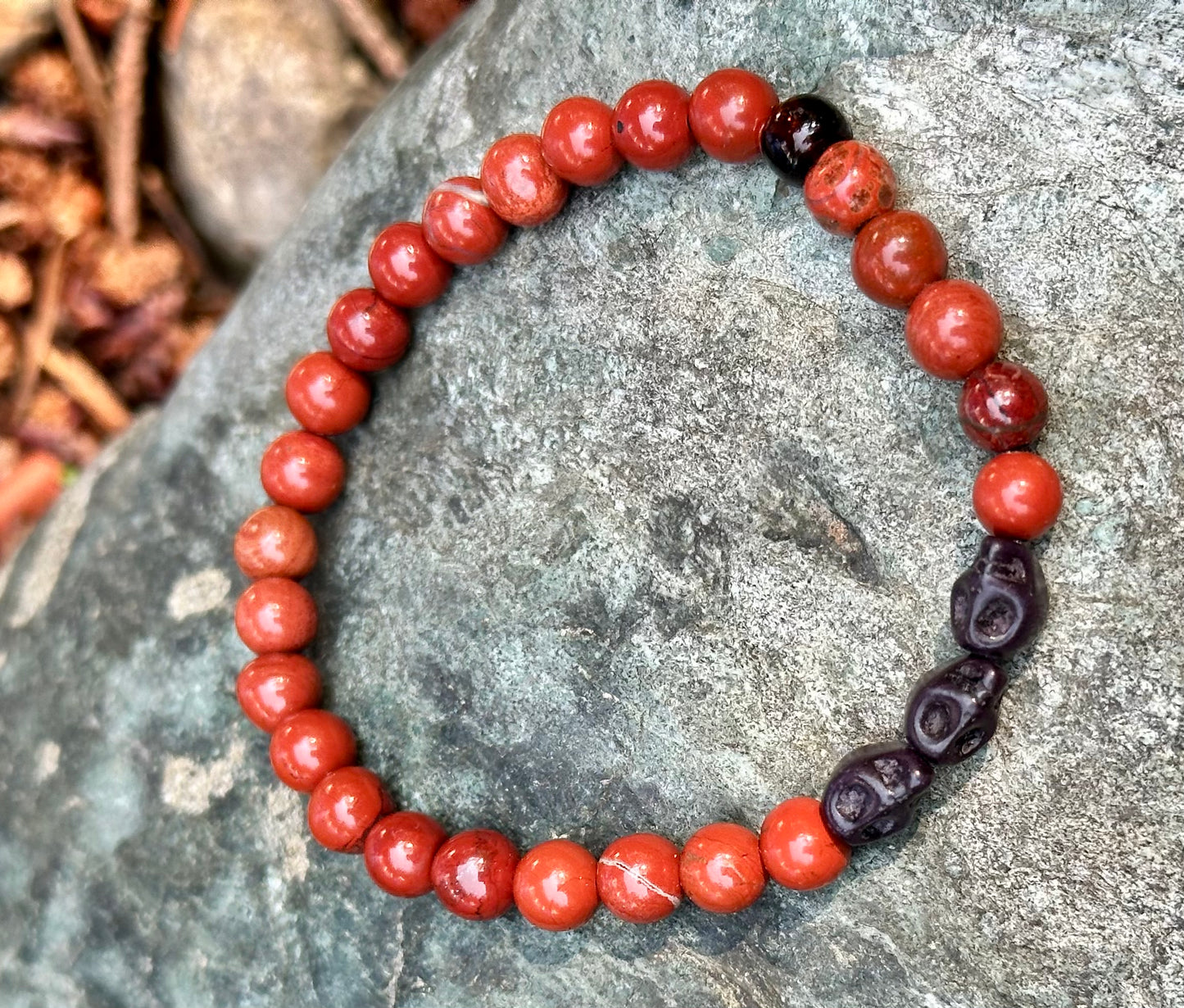 Red Jasper with Black Skull Beads, 6mm bead gemstone bracelet