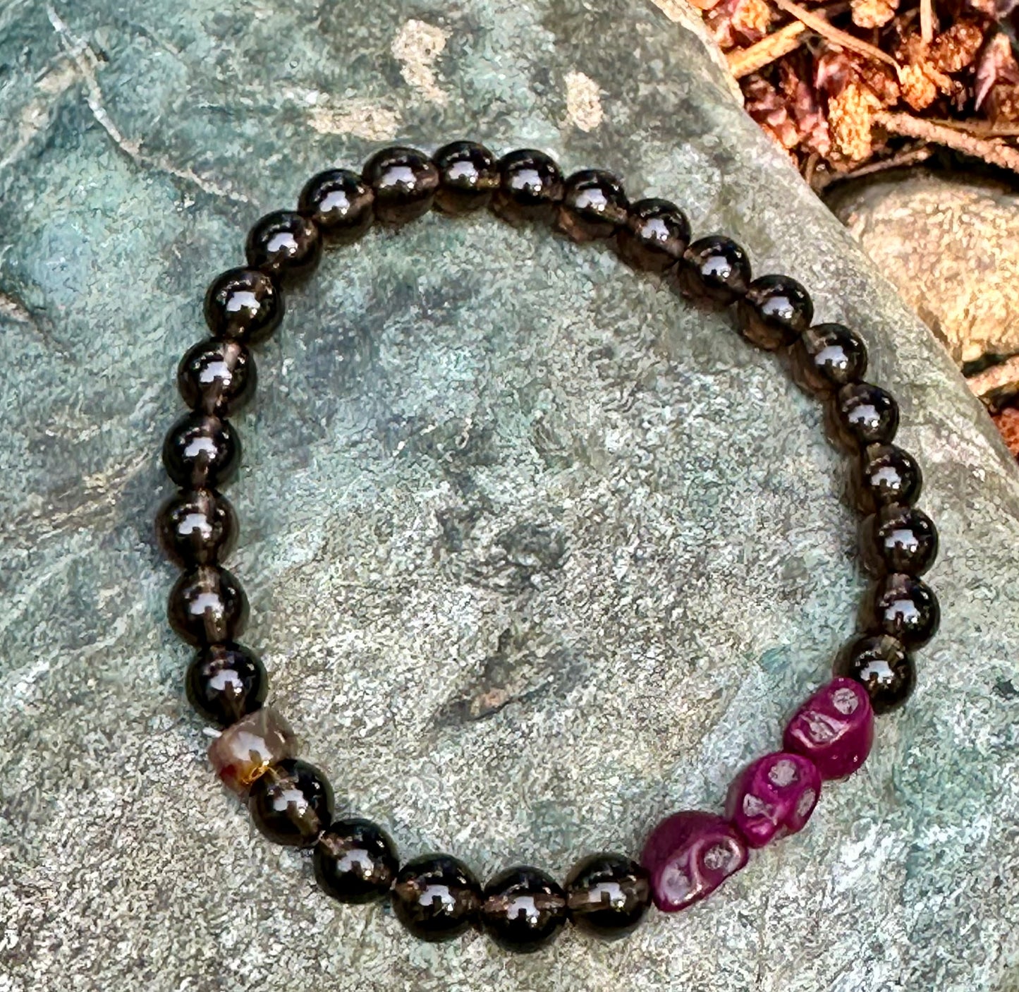 Smoky Quartz with Magenta Skull Beads, 6mm bead gemstone bracelet