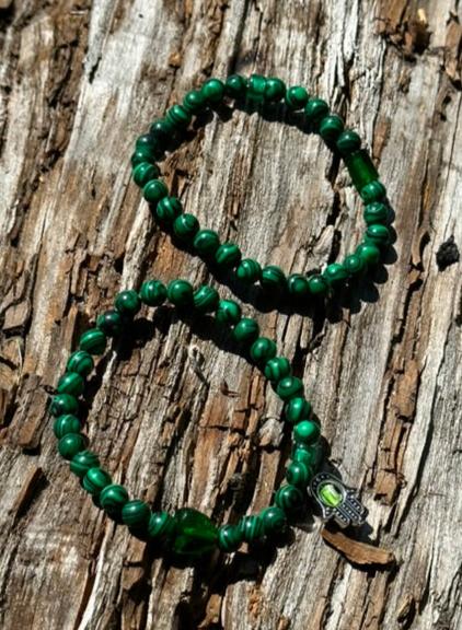 Malachite, 6mm bead gemstone bracelet with or without a Hamsa Hand Charm