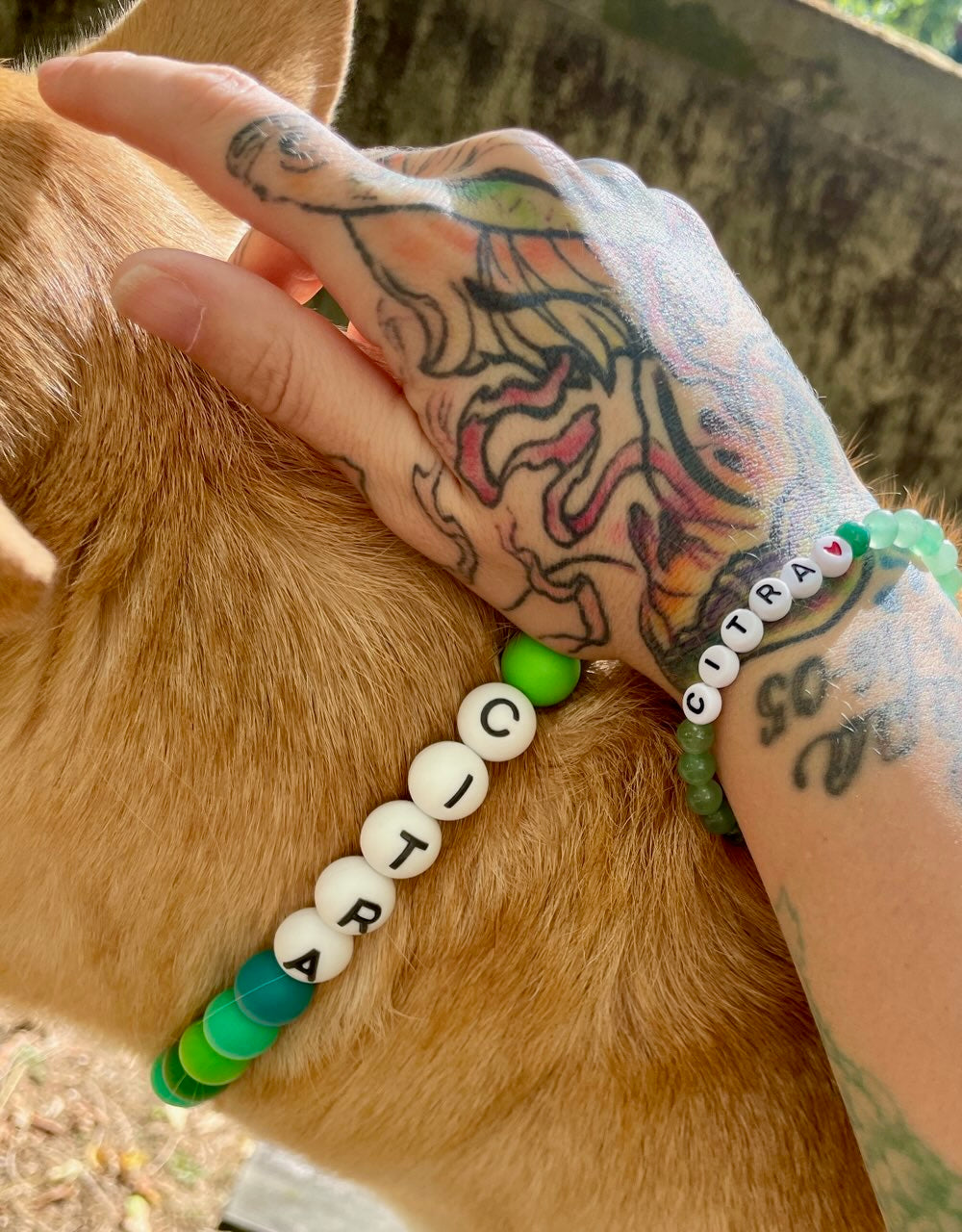 Personalized Pet Necklace with Matching Gemstone Bracelet for their human- Custom Name & Colors